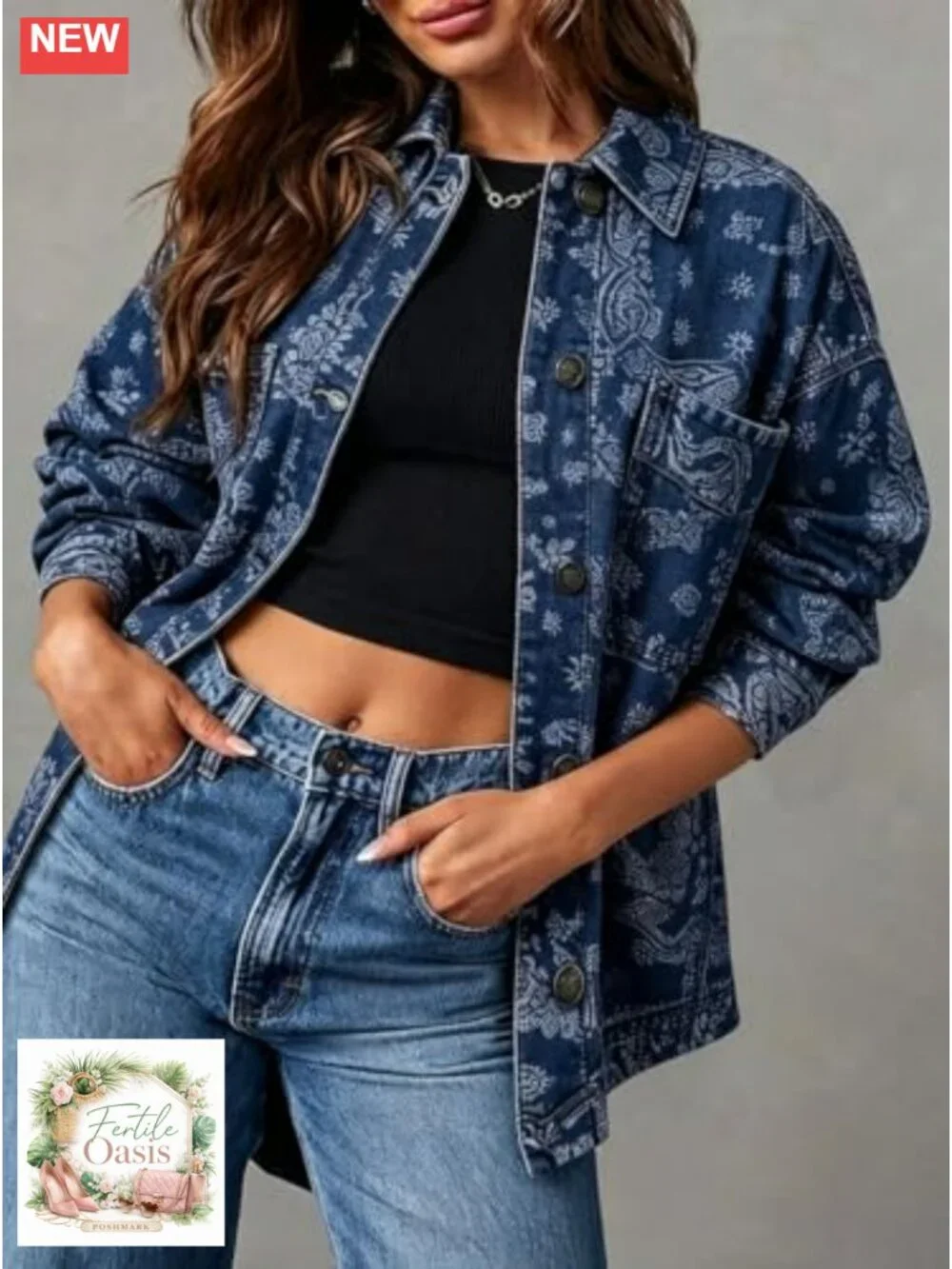 Women's Floral Paisley Print Long Denim Jacket Jean Shacket Oversized